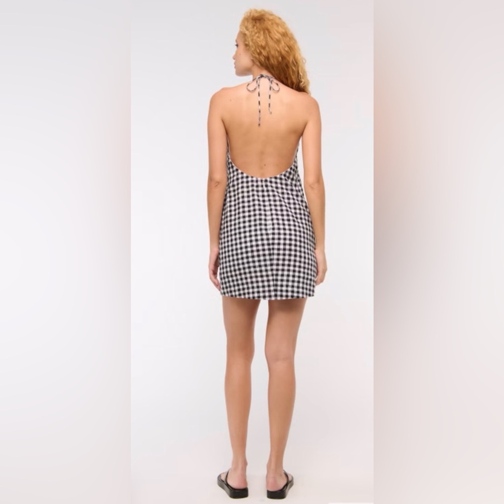Abercrombie & Fitch Gingham Halter Mini Dress Large Tall Black White Linen Blend - Picture 5 of 11